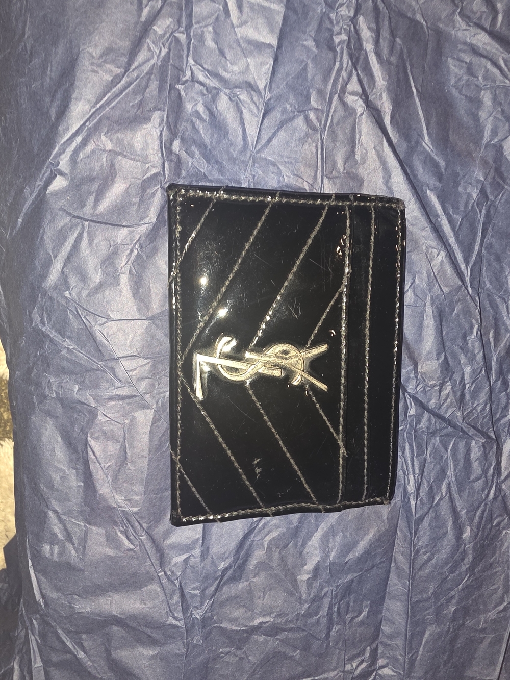 Yves Saint Laurent Black Patent Quilted Card Case with Silver YSL Logo